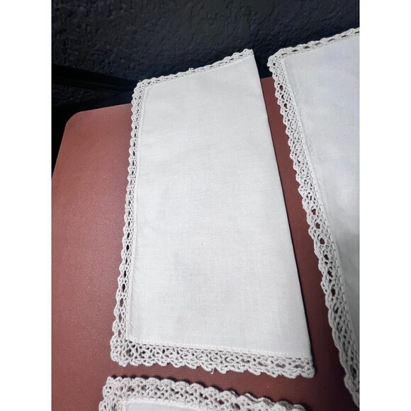 Vintage Handmade White Linen Embroidered 11 " Napkins Lace Trim Set of 6 - Picture 8 of 11